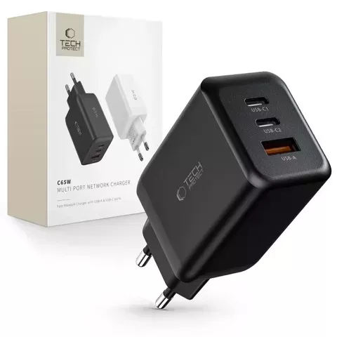 C65W 3-PORT-Netzwerkladegerät PD65W/QC3.0 2-Port USB-C 1 Port USB-A Schwarz