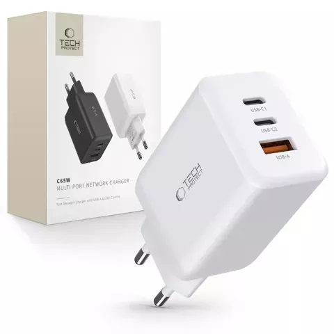 C65W 3-PORT-Netzwerkladegerät PD65W/QC3.0 2-Port USB-C 1 Port USB-A Weiß