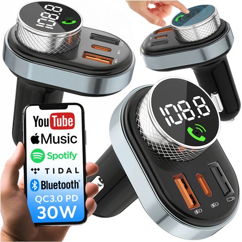 FM-Transmitter, Autoladegerät, Bluetooth 5.0, USB QC 3.0, USB-C PD, 30 W, MP3, TF-Karte, BC74, Schwarz