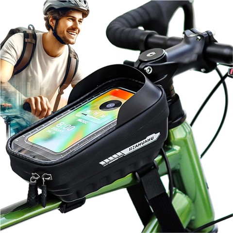 Fahrradtaschenkoffer, wasserdichte Fahrradtasche mit Fenster für 7-Zoll-Telefon, Lenkerhalterung, 2L, Schwarz