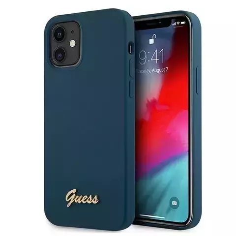 Guess GUHCP12SLSLMGBL iPhone 12 mini 5,4" niebieski/blaues Hardcase Metall-Logo-Skript