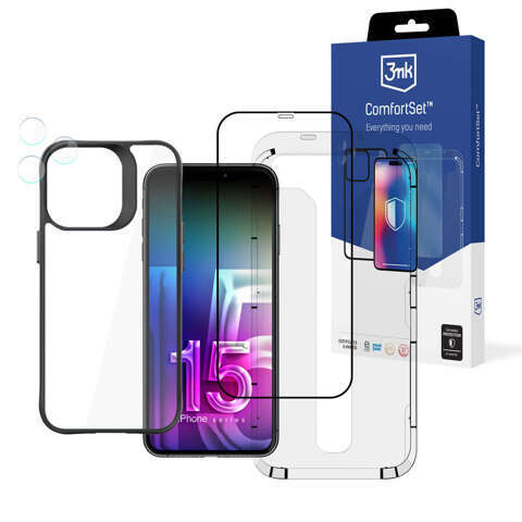 Hülle Glas-Bildschirmlinse für iPhone 15 Pro Set 3mk Comfort Set 4in1 Hülle Linse gehärtet