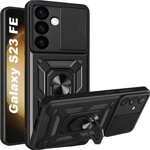Hülle für Samsung Galaxy S23 FE Gepanzerte Schiebehülle Ringgehäuse Kameraschutz Camshield Alogy Schwarzes Glas
