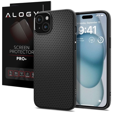 Hülle für iPhone 15 Plus Spigen Liquid Air Case, Gehäuse, schützende Rückseite, mattschwarzes Glas