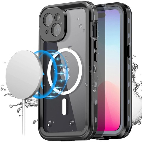 Hülle für iPhone 15 Plus wasserdicht Mag Safe Case gepanzertes wasserdichtes Gehäuse schwarz und grau