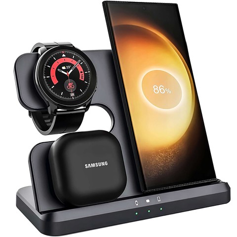 Kabelloses induktives Ladegerät 3in1 Qi 3.0 Fast für Samsung S22 S23 S24 Galaxy Watch Buds Station schwarz