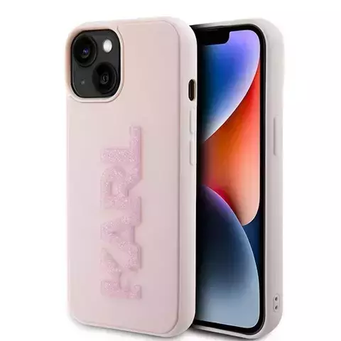 Karl Lagerfeld KLHCP15S3DMBKCP Hülle für iPhone 15 6,1 Zoll rosa/rosa Hartschale mit 3D-Gummi-Glitzer-Logo