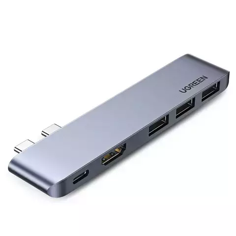 Multifunktionaler HUB UGREEN 2x USB Type C auf USB Type C PD (Thunderbolt 3, 100W, 4K@60 Hz, 10 Gbps) / HDMI 4K@30 Hz / 3x USB 3.0 für MacBook Pro / Air Grey (60559)