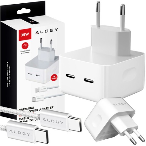 Schnelles 35-W-Wandladegerät 2x USB-C USB Typ C PD für iPhone Typ-C-Kabel 1 m Alogy White