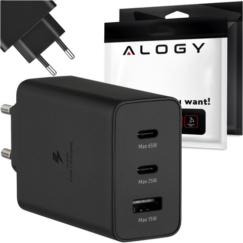 Schnelles 65-W-Wandladegerät 2x USB-C Typ C PD USB-A USB Alogy 3 Ports stark Schwarz