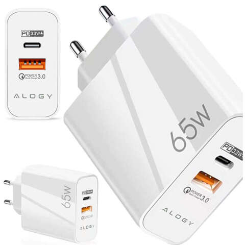 Schnelles USB-A QC 3.0 Quick Charge USB-C PD 33W 65W Wandladegerät Alogy White