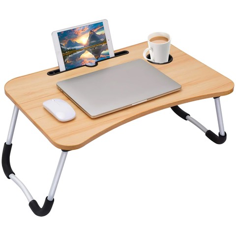 Tragbarer klappbarer Laptop-Tisch, Notebook-Tisch für Bett, Frühstück, Frühstück, Laptop-Ständer, MacBook, helles Holz