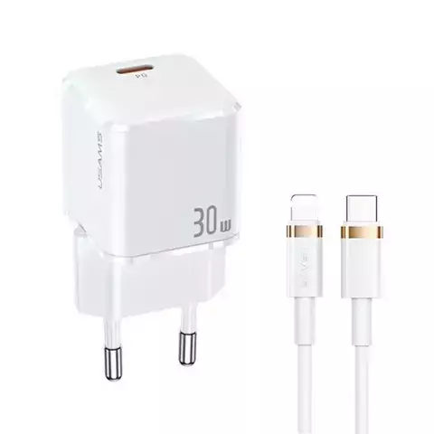 USAMS Wandladegerät 1x USB-C T45 30W PD3.0 Schnellladekabel U63 USB-C/Lightning white/white UXTZH02 (USAMS-UX)