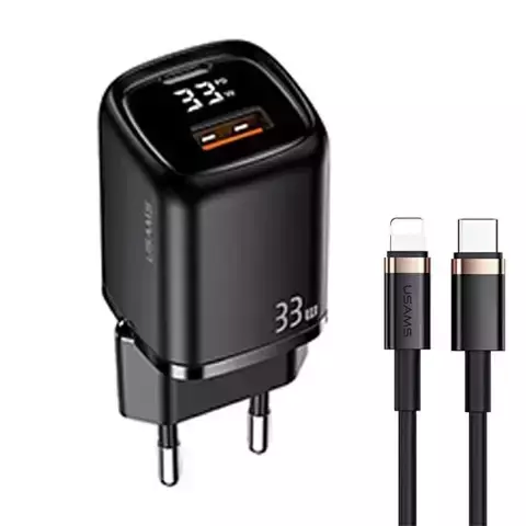 USAMS Wandladegerät 1xUSB-C 1xUSB T46 33W PD3.0 QC3.0 Schnellladekabel U63 USB-C/Lightning schwarz/schwarz UDTZ01