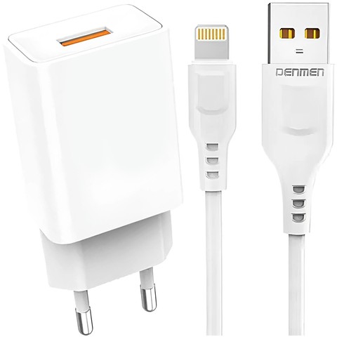 USB-Wandladegerät USB - Lightning-Kabel für iPhone 1 m schnell 2,4 A 12 W Denmen Weiß