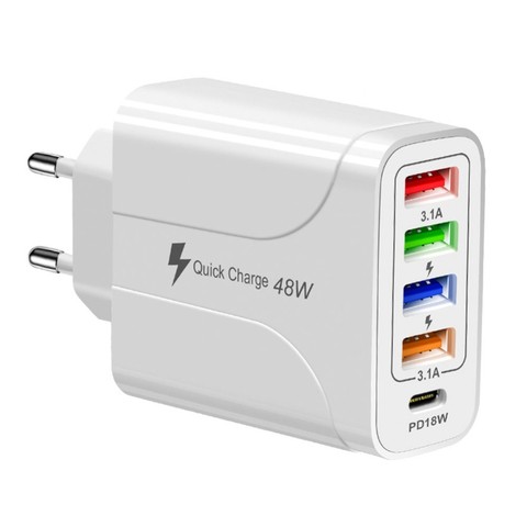 Wandladegerät 48W Schnellladegerät 4x USB 1x USB-C QC 3.0 Power Delivery PD 18W weiß