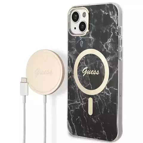 Zestaw Guess GUBPP14SHMEACSK Case Charger iPhone 14 6,1" Czarny/Black Hard Case Marble MagSafe