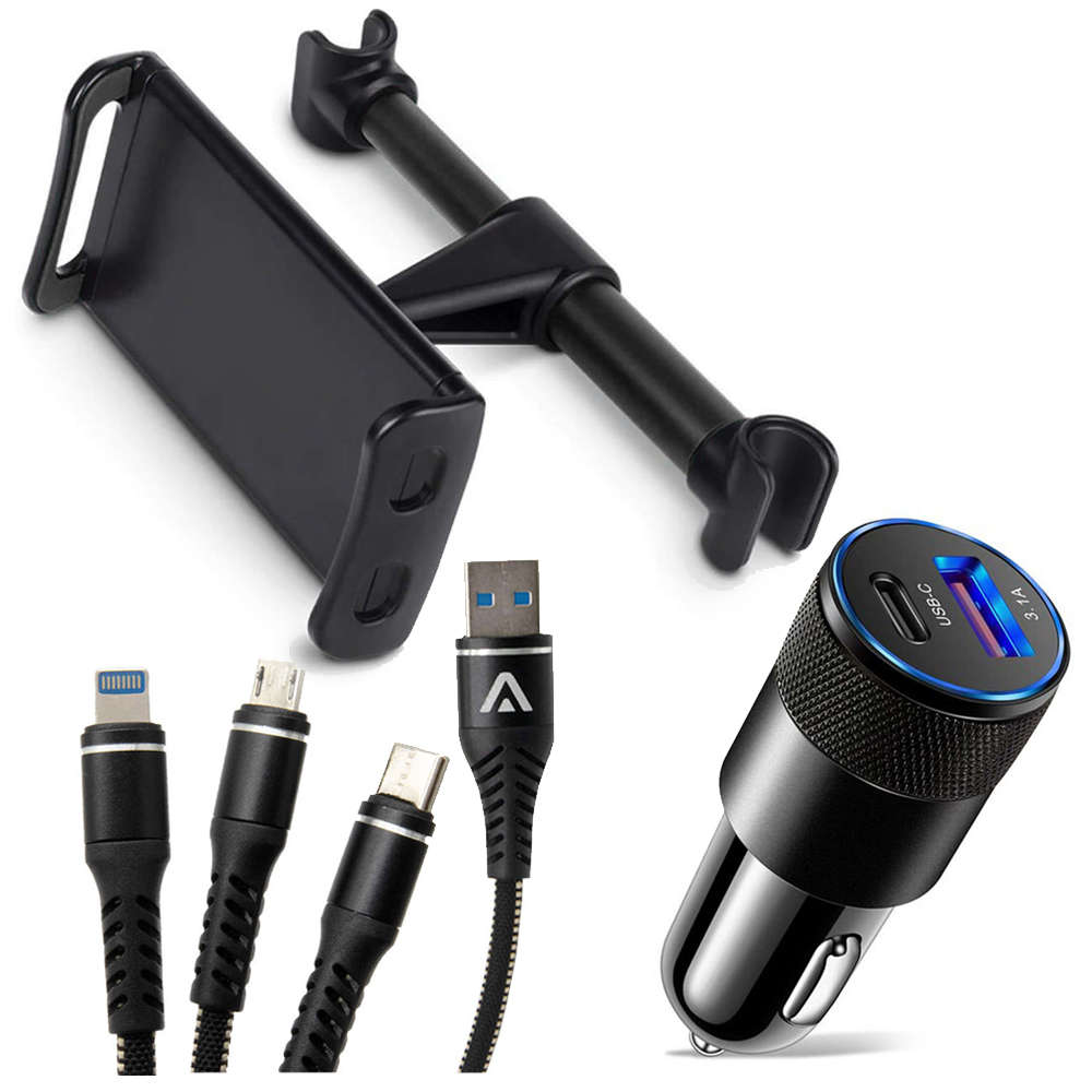 Alogy Auto-Kopfstützenhalterung für Telefon Tablet Schwarz 3in1 Kabel USB-C  Ladegerät USB 3.1A 
