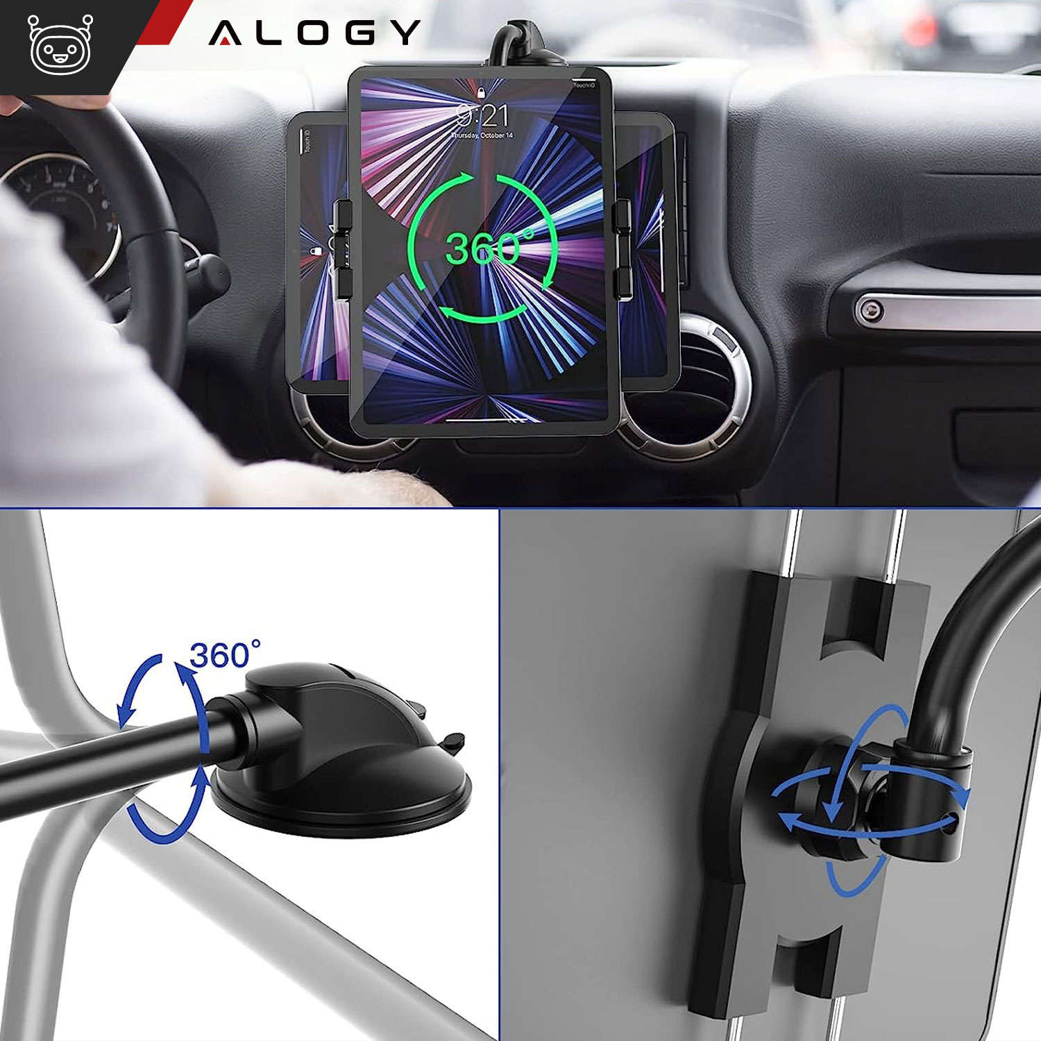 Alogy Autohalterung für Tablet-Telefon, Armaturenbrett, Windschutzscheibe  für Auto mit langem Arm, 4–13 Zoll, Schwarz 