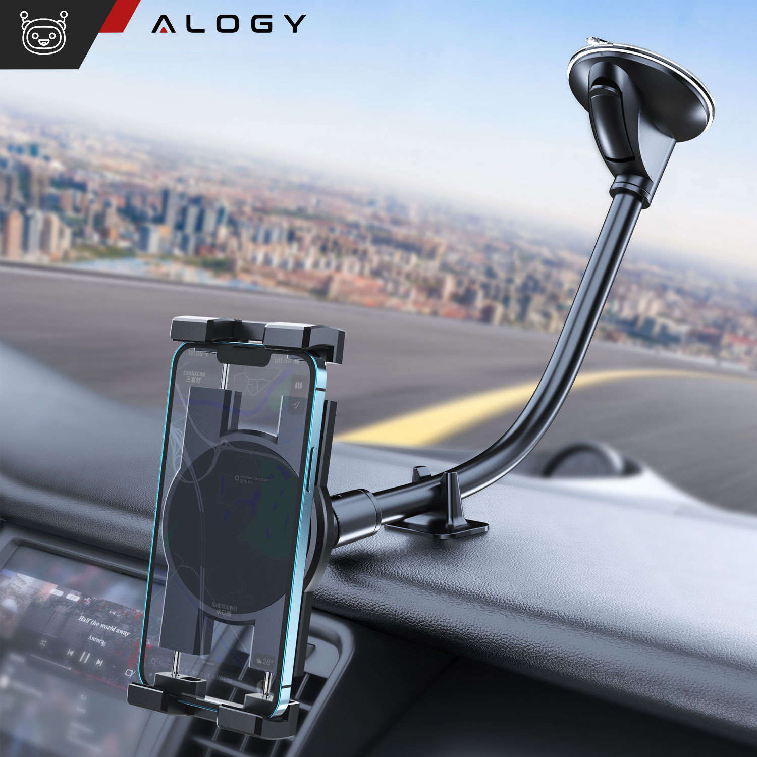 Alogy Autohalterung für Tablet-Telefon, Armaturenbrett, Windschutzscheibe  für Auto mit langem Arm, 4–13 Zoll, Schwarz 