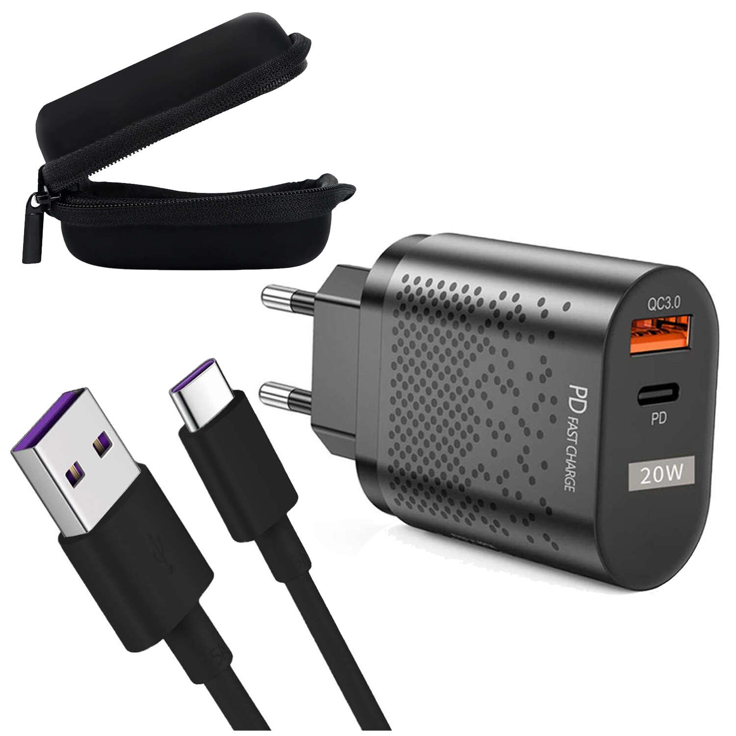 Alogy Schnelles USB-Ladegerät USB-C Typ C QC 3.0 PD 20 W schwarzes Kabel 5  A 1 m Gehäuse