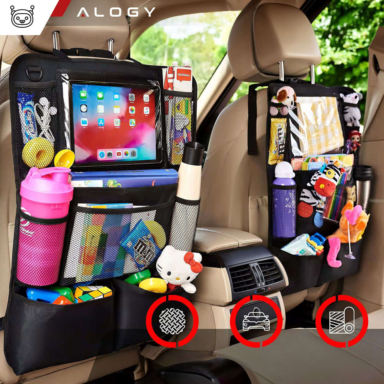 Auto-Organizer für Autositz-Rückenlehne, Autositz, Alogy-Schutz für Tablet,  Schwarz, 2x Kopfstützenhalterung 