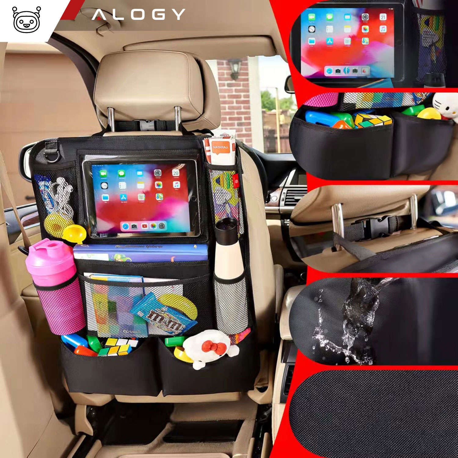 Auto-Organizer für Autositz-Rückenlehne, Autositz, Alogy-Schutz für Tablet,  Schwarz, 2x Kopfstützenhalterung 