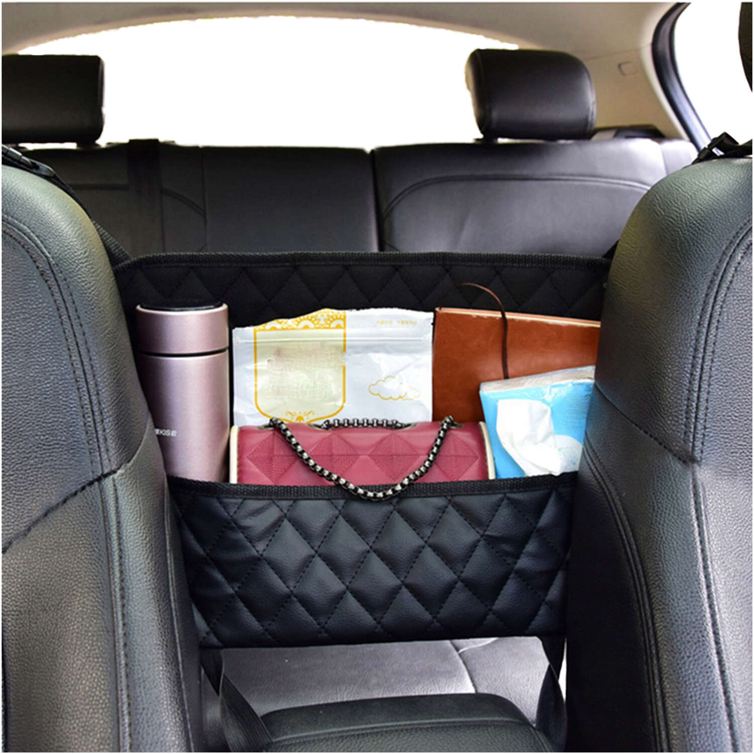 Auto-Organizer zwischen den Sitzen, Aufbewahrungsbox-Abdeckung, Autoschutz,  schwarz, gesteppt, elegant, 2 x Kopfstützenhalter 