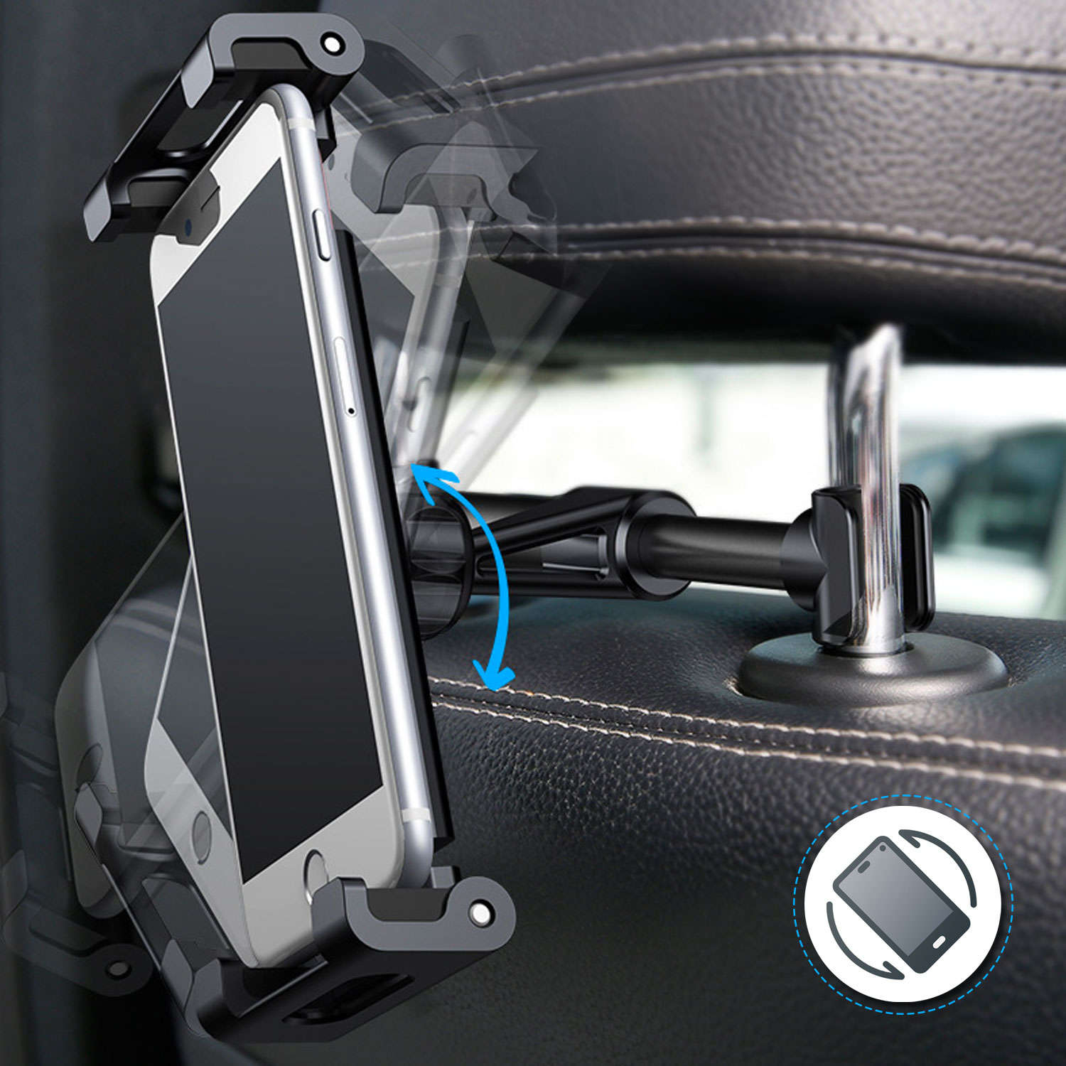Autohalterung für Tablet-Telefon an der Kopfstütze des Autos.  Autohalterung, verstellbar von 4,7 bis 12,9 Zoll, Schwarz 