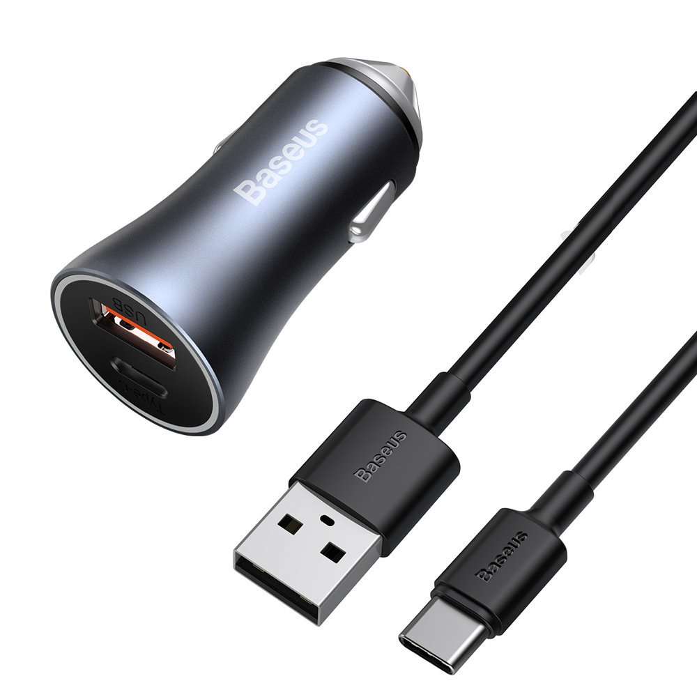 Baseus Golden Contactor Pro Autoladegerät, USB USB-C, QC4.0, PD, SCP, 40 W  (grau) USB-zu-USB-C-Kabel 1 m 