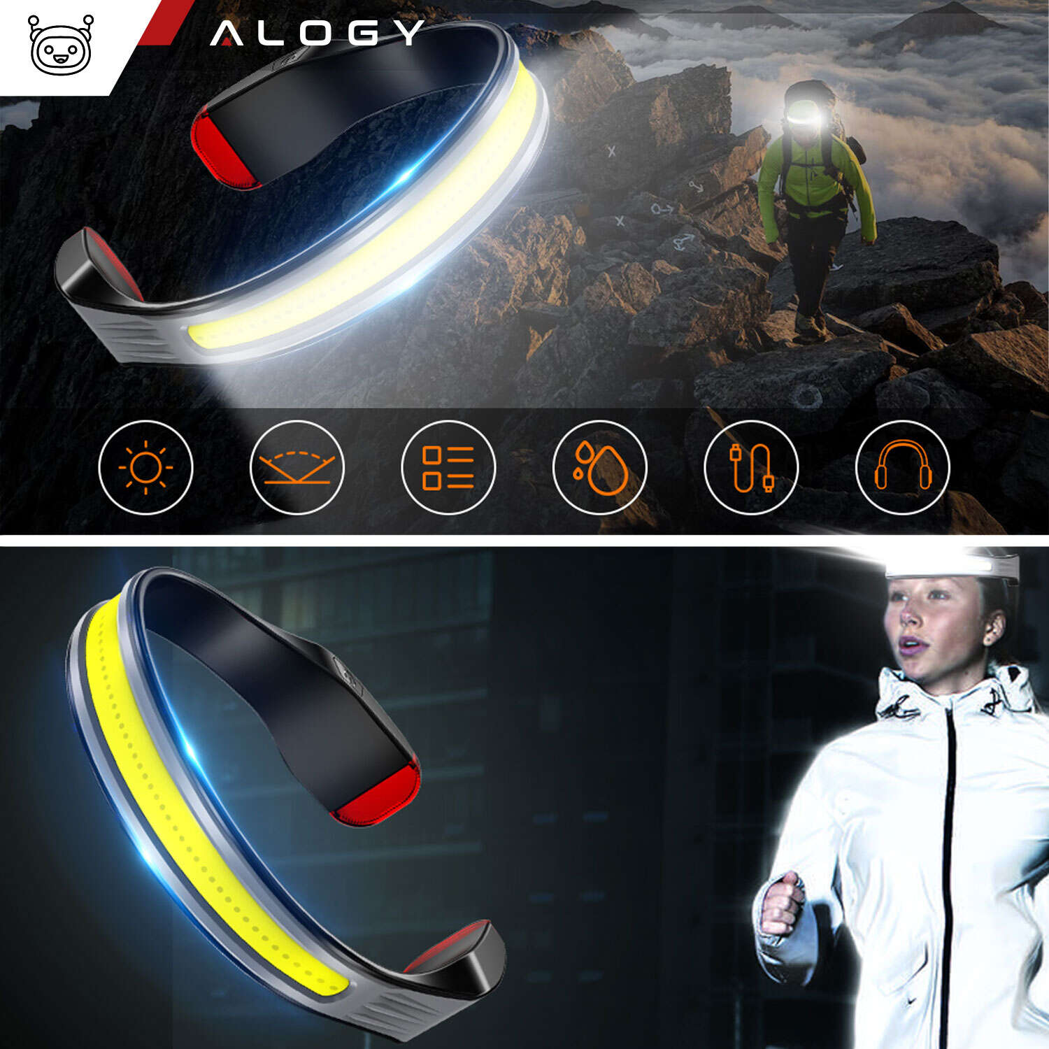 COB-LED-Stirnlampe zum Laufen mit dem Fahrrad, stark, wiederaufladbar, USB  Typ C, Alogy-Stirnlampe, IPX4, schwarz 