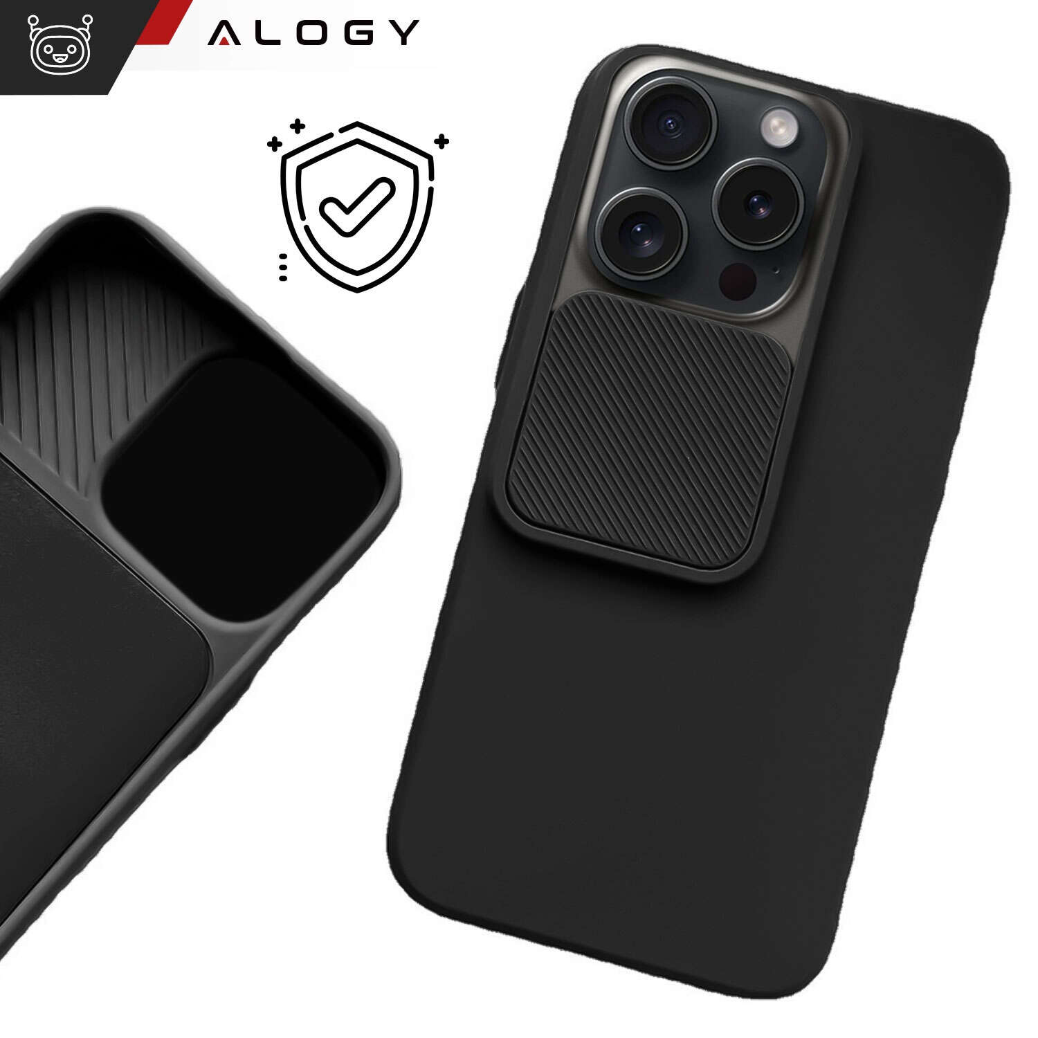 Hülle für iPhone 15 Pro Slide Case mit Objektivabdeckung, Kameragehäuse,  mattschwarz Alogy Soft Matt 