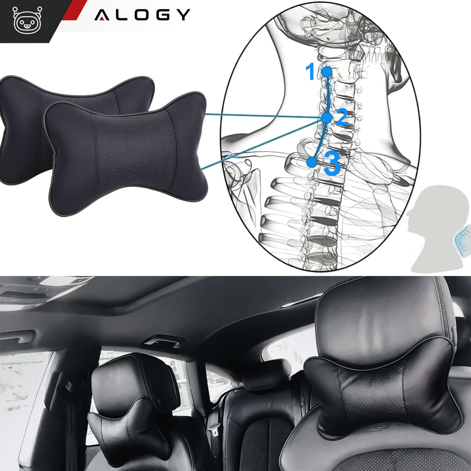 Profiliertes Auto-Nackenkissen für die Kopfstütze des Autos, bequemes  weiches Öko-Leder Alogy Black 