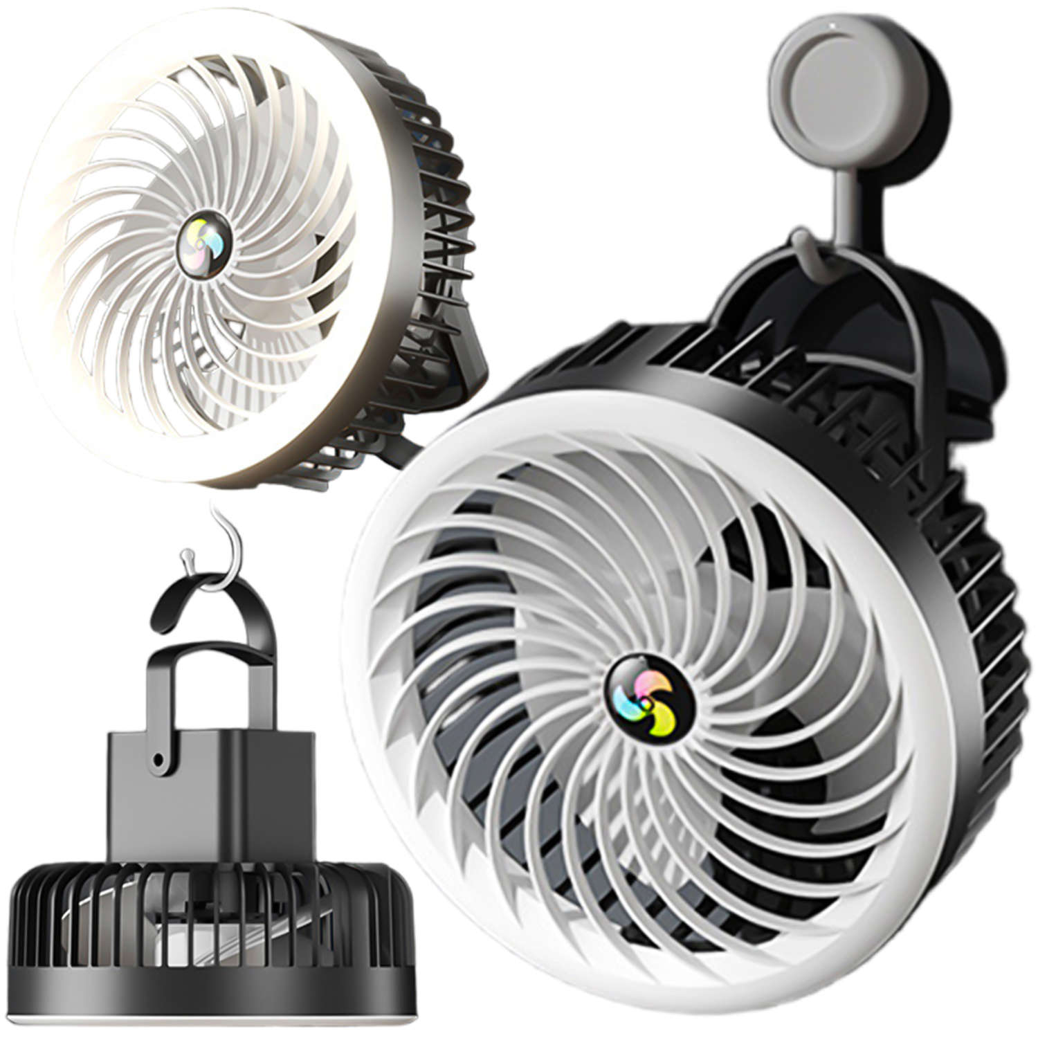 Schwarzer Ventilator, Schreibtischventilator mit LED-Licht, 2-in-1 Alogy,  tragbar, zum Aufhängen, zum Aufhängen, kabellos, für den Außenbereich, Mini- Ventilator-Hakenhalter 