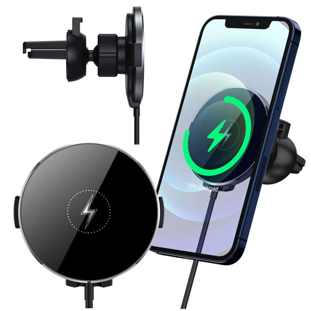 2-in-1-Autohalterung mit Alogy Airvent MagSafe QI Charger, induktives Ladegerät für MagSafe 15 W für Kühlergrill Schwarz