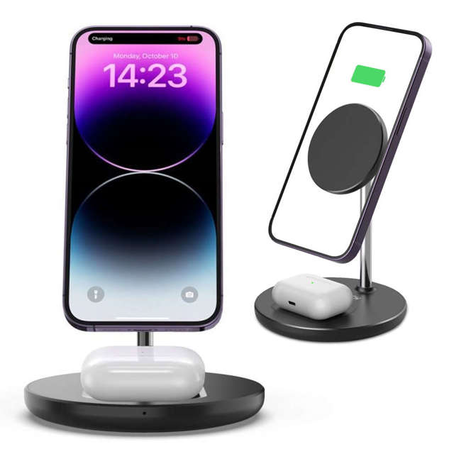 2in1 QI 15W 2in1 Magnetic MagSafe Wireless Charger für Apple iPhone AirPods Schwarz