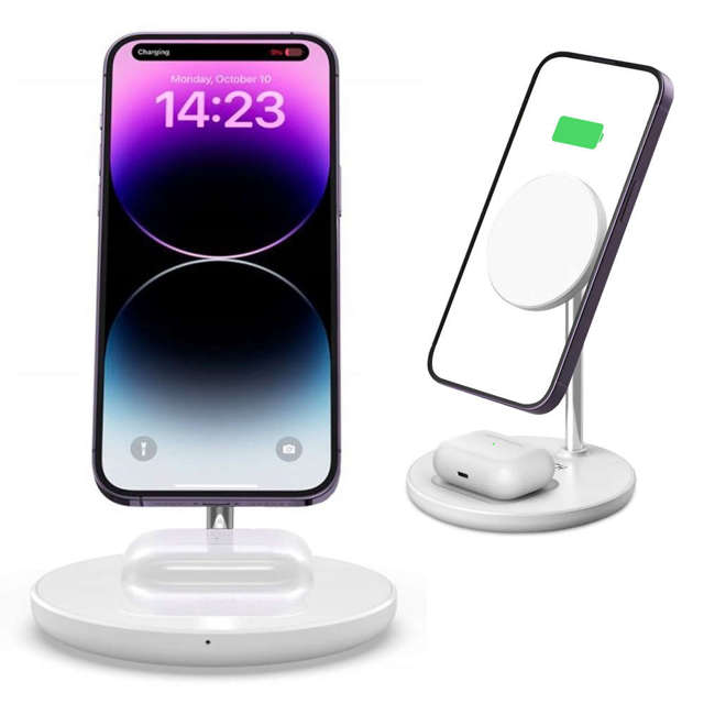 2in1 QI 15W 2in1 Magnetic MagSafe Wireless Charger für Apple iPhone AirPods Weiß