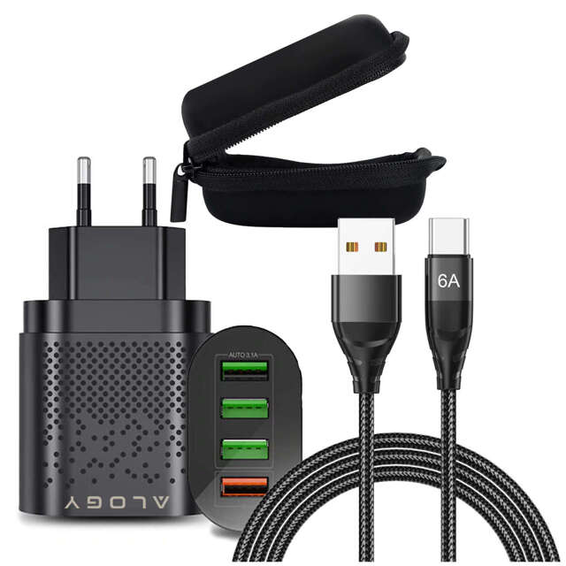 Alogy 4x USB Quick Charge 3.0 2,4A Schnellladegerät Schwarz 6A Kabel 1m Hülle