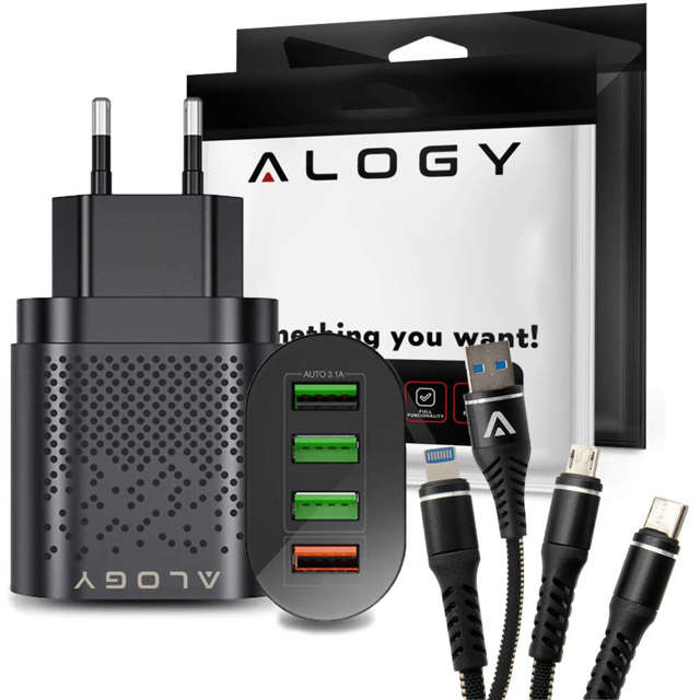 Alogy 4x USB Quick Charge 3.0 2.4A Schnellladegerät Schwarzes 3in1 Kabel