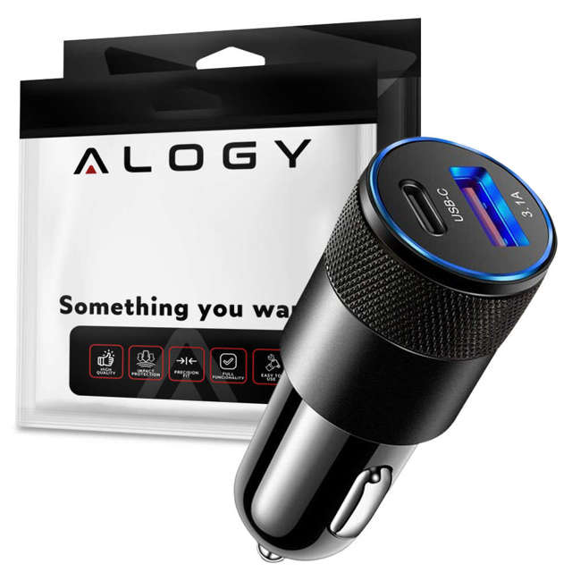 Alogy Autoladegerät für das Auto USB-C Typ C USB 3.1A Schwarzes USB-A-zu-USB-C-Kabel