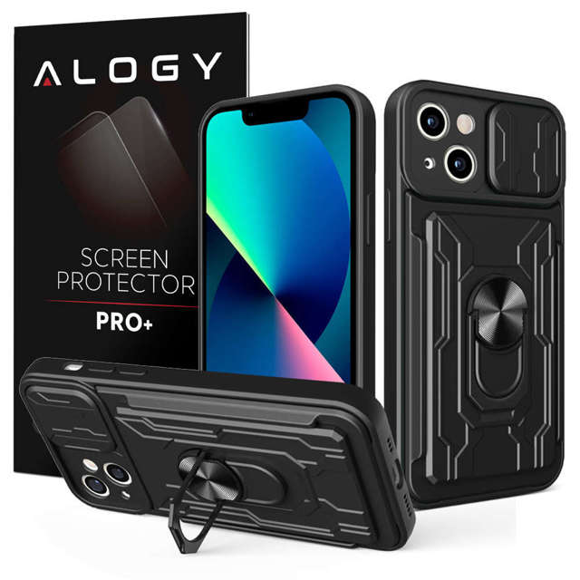 Alogy Camshield Stand Ring Wallet Case mit Kameraabdeckung und Kartenfach für Apple iPhone 14 Black Glass