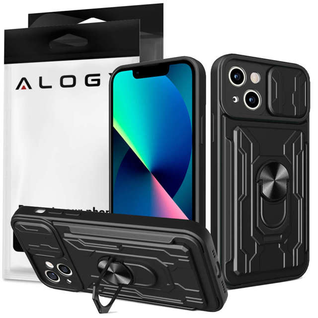 Alogy Camshield Stand Ring Wallet Case mit Kameraabdeckung und Kartenfach für Apple iPhone 14 Plus Schwarz