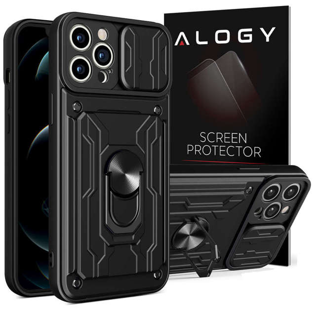 Alogy Camshield Stand Ring Wallet Case mit Kameraabdeckung und Kartenfach für Apple iPhone 14 Pro Black Glass