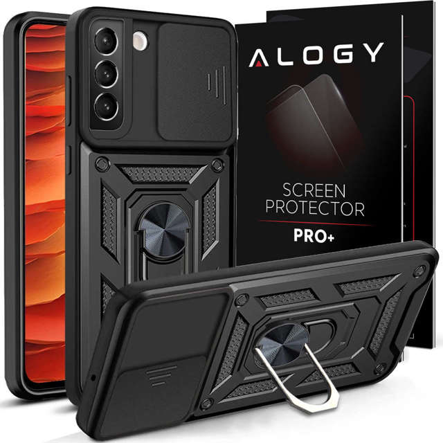 Alogy Camshield Stand Ring gepanzerte Hülle mit Kameraabdeckung für Samsung Galaxy S22 Plus, schwarzes Glas