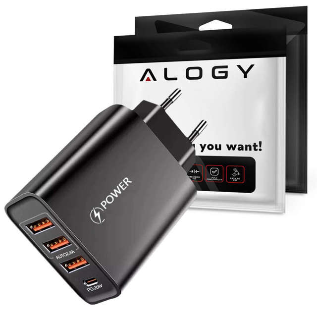 Alogy Fast 3x USB-A USB-C Quick Charge QC 3.0 PD 20W Schwarzes Ladegerät