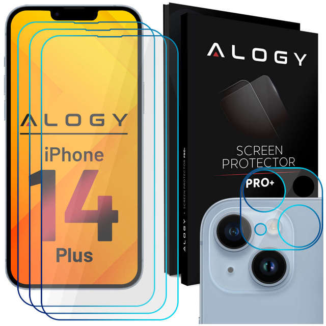 Alogy Glass Pack 3x Gehärtetes Glas für den Bildschirm 9h Glas für die Linse für Apple iPhone 14 Plus