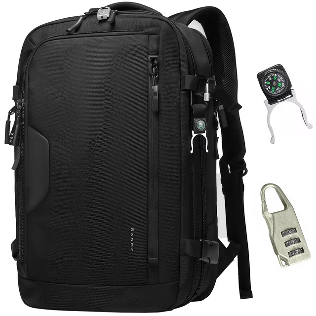 Bange Wasserdichter Rucksack für 15,6-Zoll-Laptop, Stadtreisender, erweiterbar auf 55 x 35 x 21–27 cm, für Flugzeug, Herren, Damen, Vorhängeschloss, Kompass, Flaschenclip, Schwarz