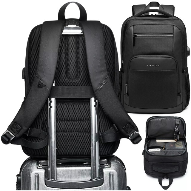 Bange wasserdichter Rucksack für 15,6-Zoll-Laptop, Stadtreisender, 45 x 30 x 16 cm, für Arbeit, Flugzeug, Herren, Damen, mit USB-Anschluss Schwarz