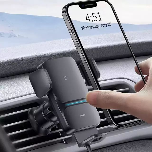 Baseus Wisdom Halter für ein Auto für ein Telefon mit einem induktiven QI- Ladegerät auf einem Gitter Schwarz 