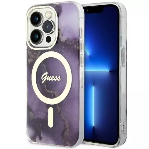 Built on Guess Phone GUHMP14LHTMRSU für Apple iPhone 14 Pro 6,1" Lila/Lila Hardcase Golden Marble MagSafe